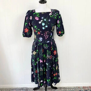 Vintage 80s Petites by Willi Navy Blue Floral Puff Sleeve Dress Size 4
